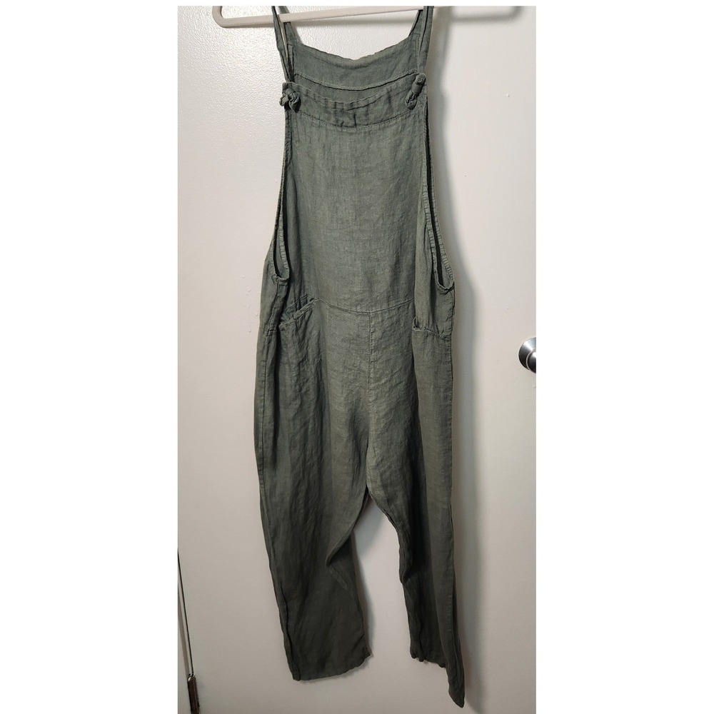 Made In Italy 100% Linen Women's Jumper Overalls Green Cropped OS Pockets